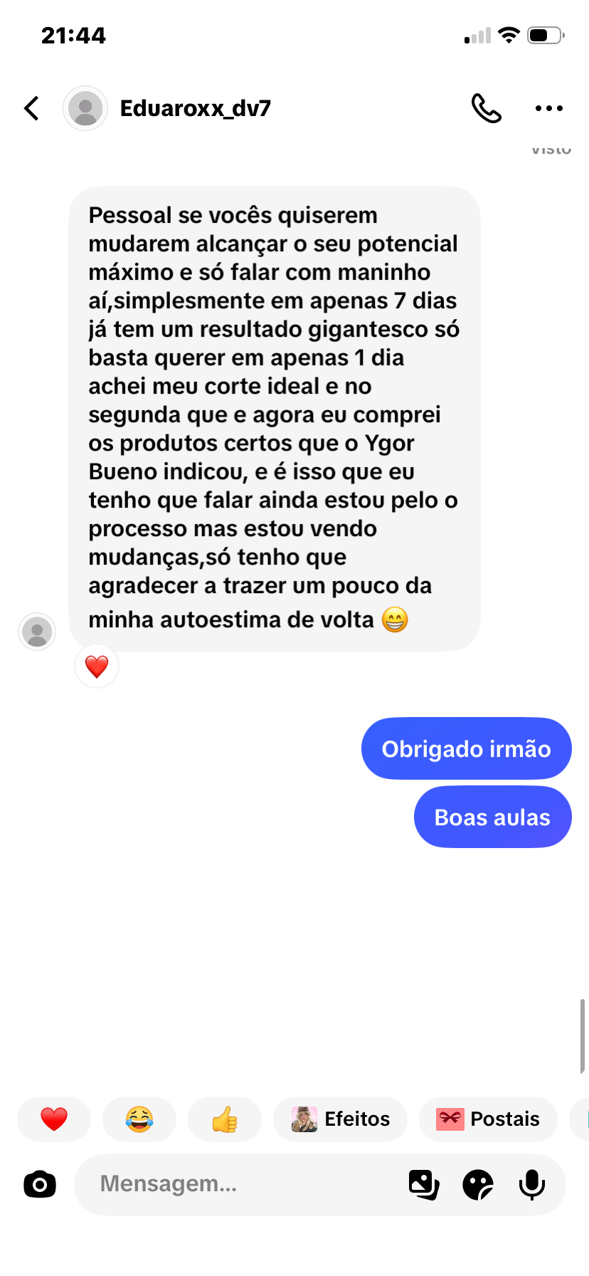 Print de conversa de aluno agradecendo o Método Glow Up de Ygor Bueno